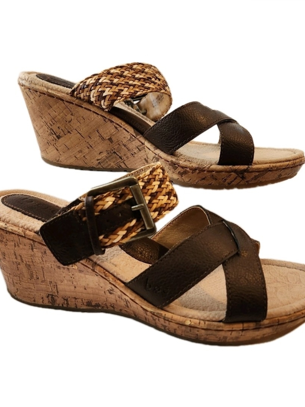 b.o.c. a Born Concept Size 9 Brown Leather Braided Cork Wedges Heel Shoes Sandal - Picture 4 of 13